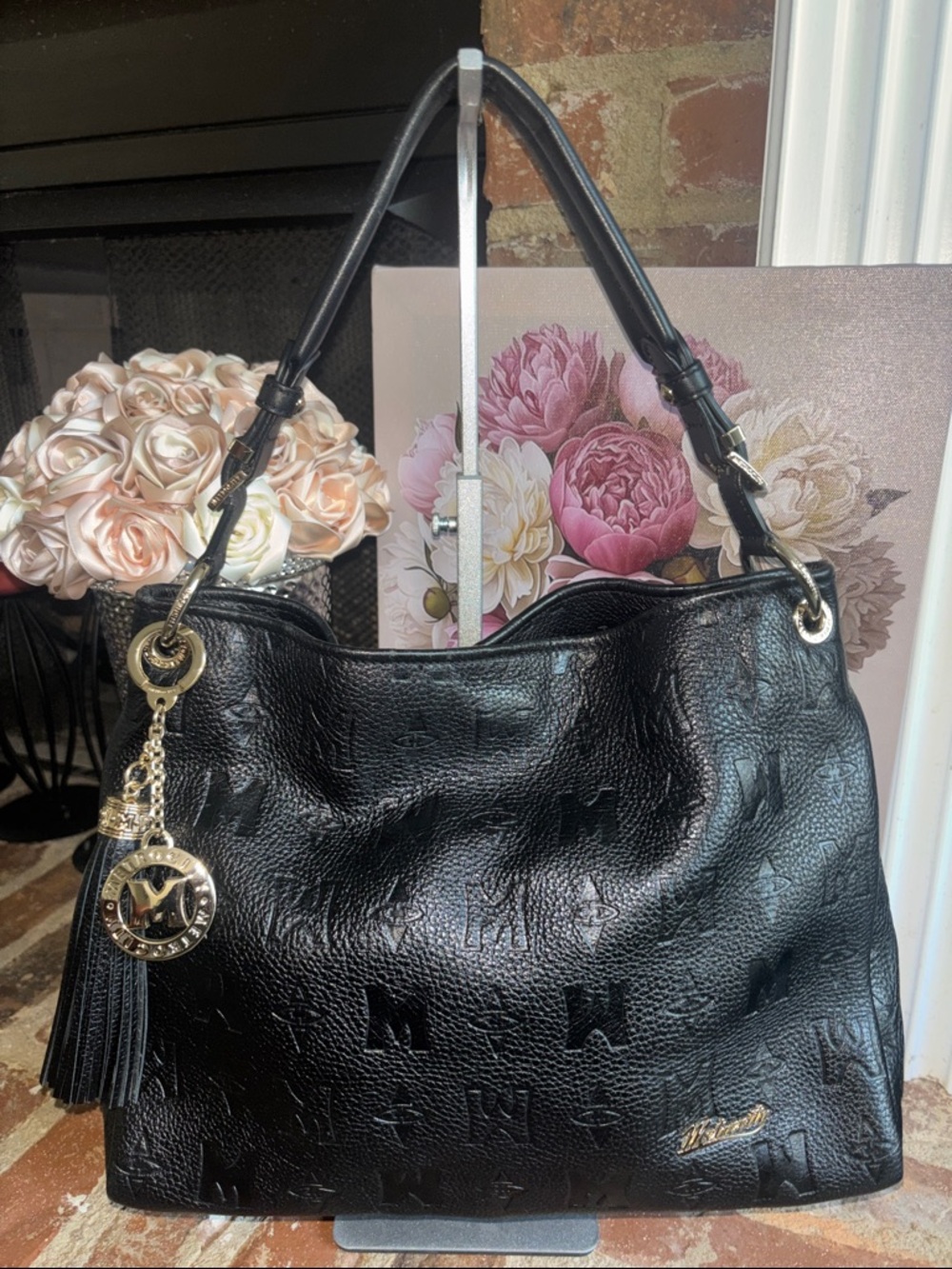 MetroCity Black Embossed Leather Shoulder Tote with Gold Tassel Charm